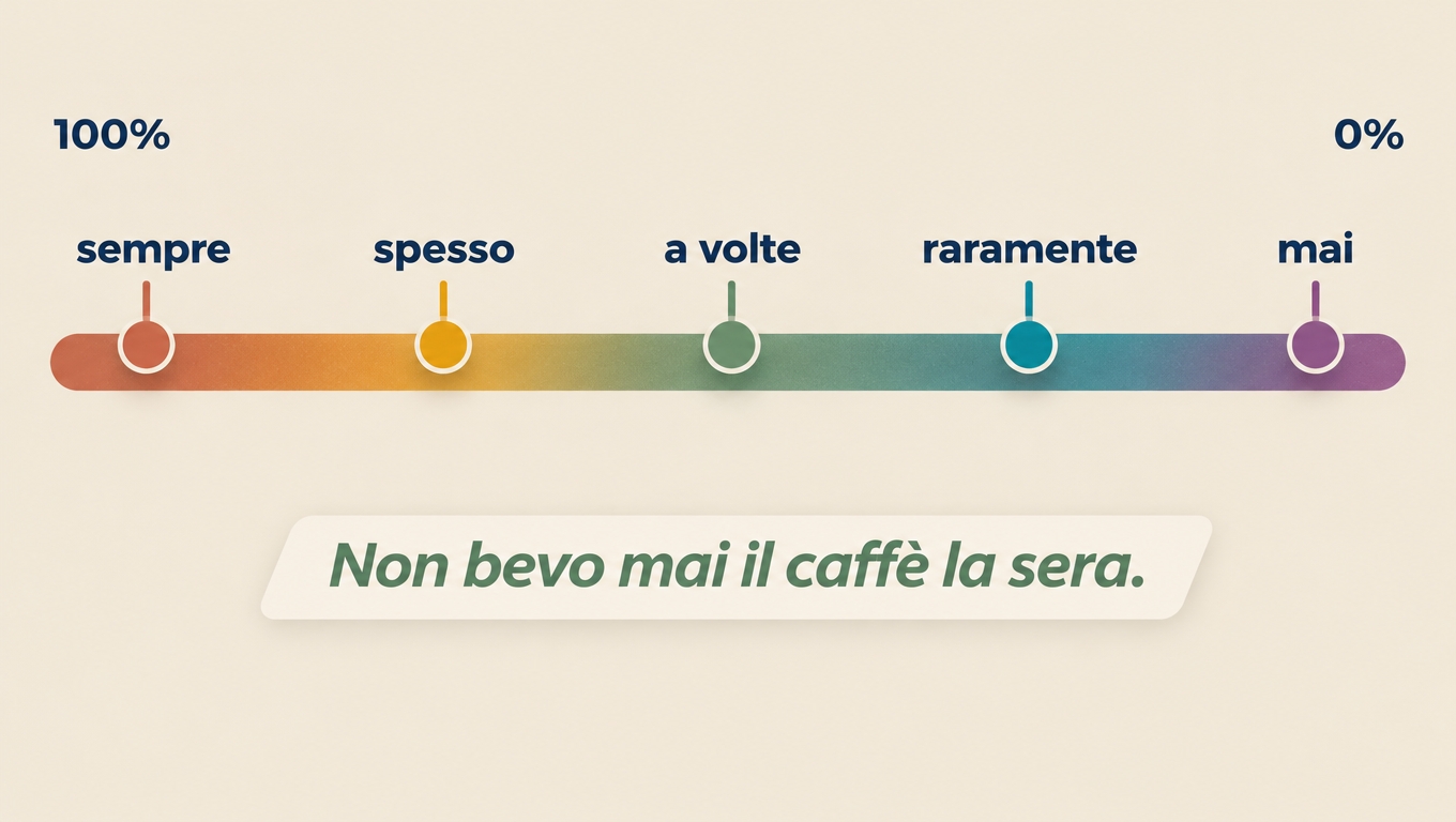 Scale of frequency adverbs from sempre to mai, with the example non bevo mai il caffè la sera.