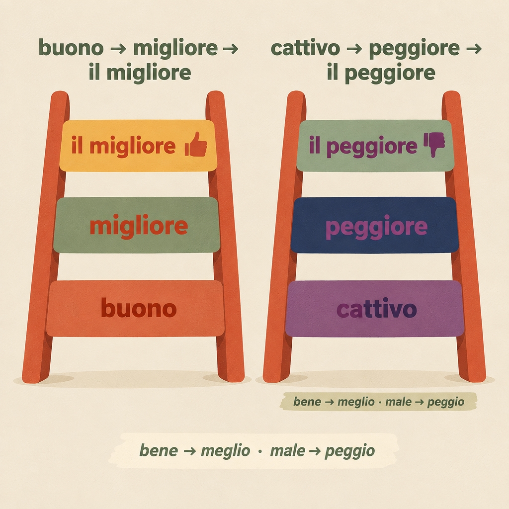 Ladders of irregular comparison: buono, migliore, il migliore and cattivo, peggiore, il peggiore, with bene becomes meglio and male becomes peggio.