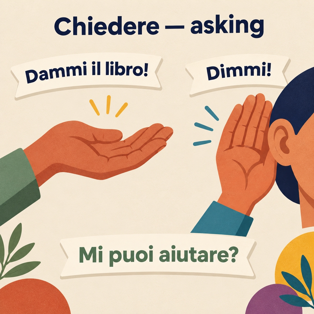 Gestures of asking with dammi il libro, dimmi and mi puoi aiutare?