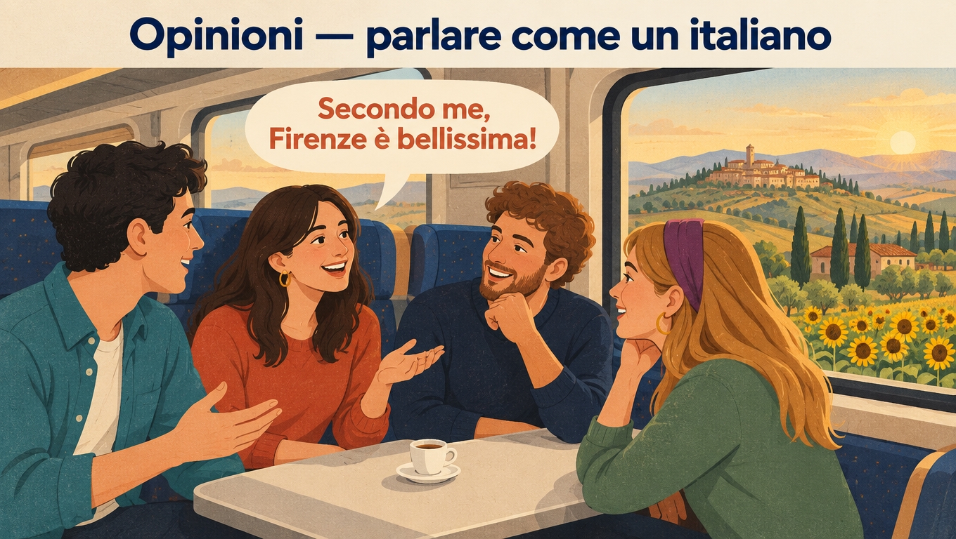 Travellers chatting on a train at sunset with the speech bubble Secondo me, Firenze è bellissima!