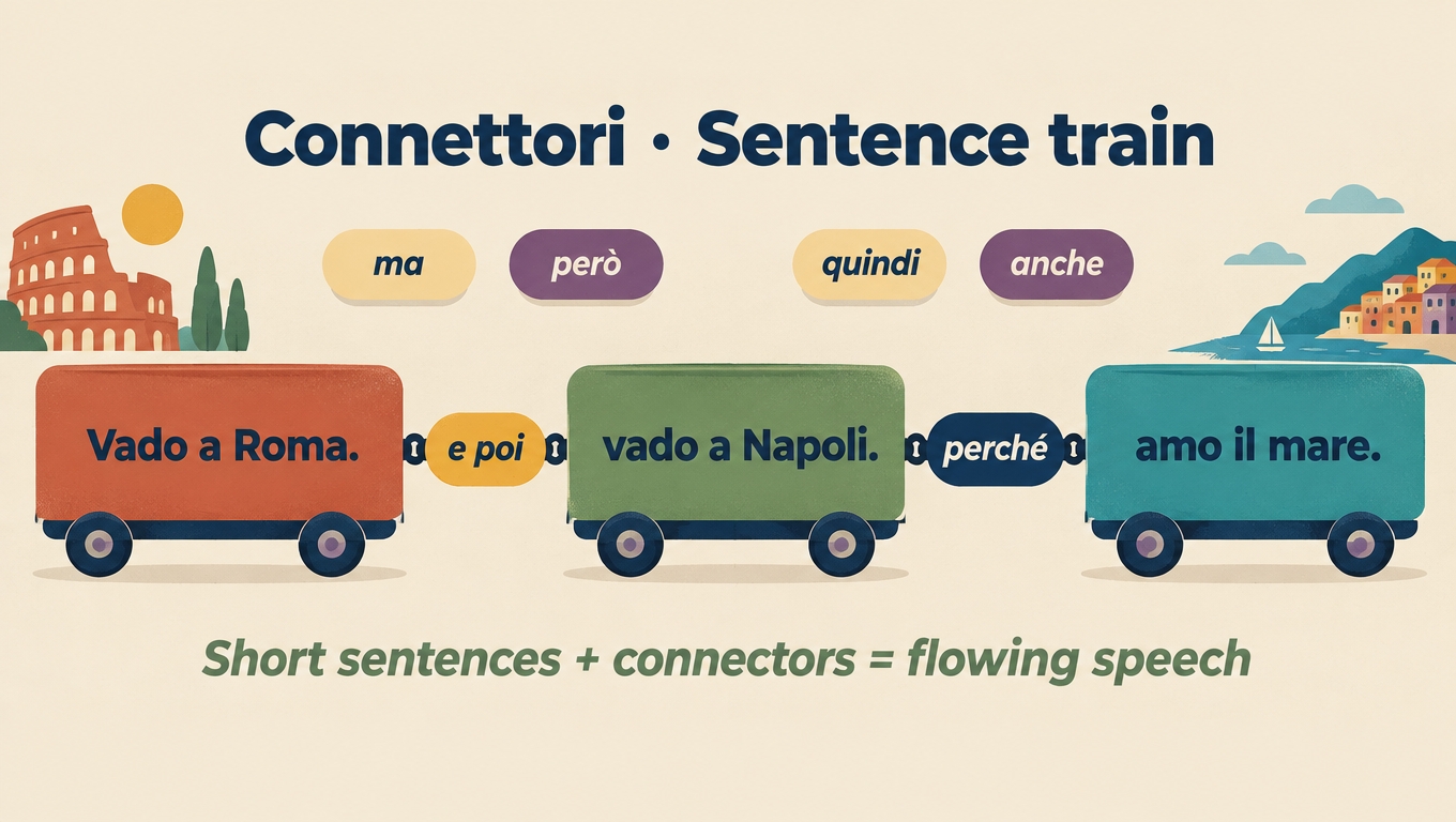 Toy train carriages joined by the connectors e poi and perché, with pills for ma, però, quindi and anche.