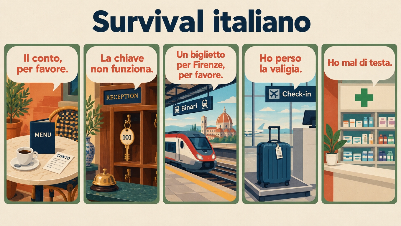 Five survival panels: il conto, per favore; la chiave non funziona; un biglietto per Firenze; ho perso la valigia; ho mal di testa.