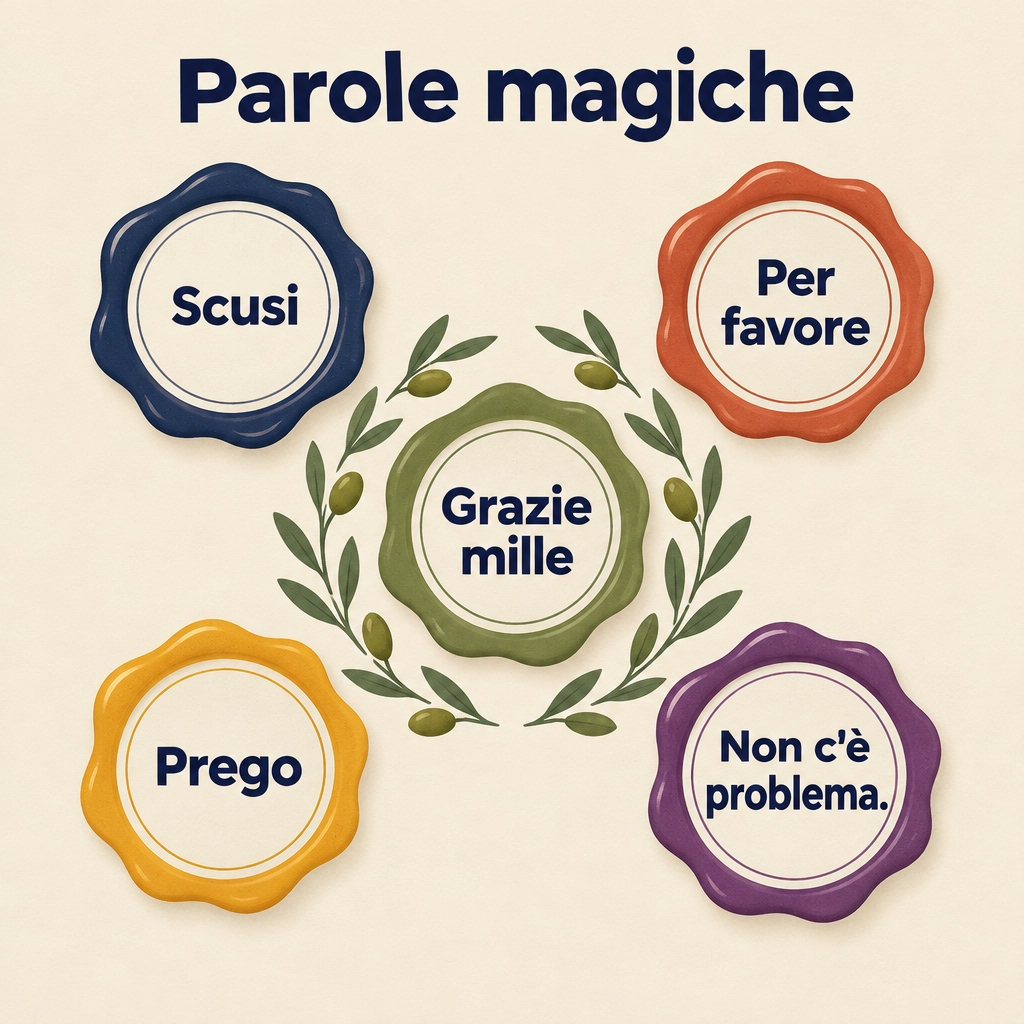 Five wax seals with the magic words scusi, per favore, grazie mille, prego and non c'è problema.