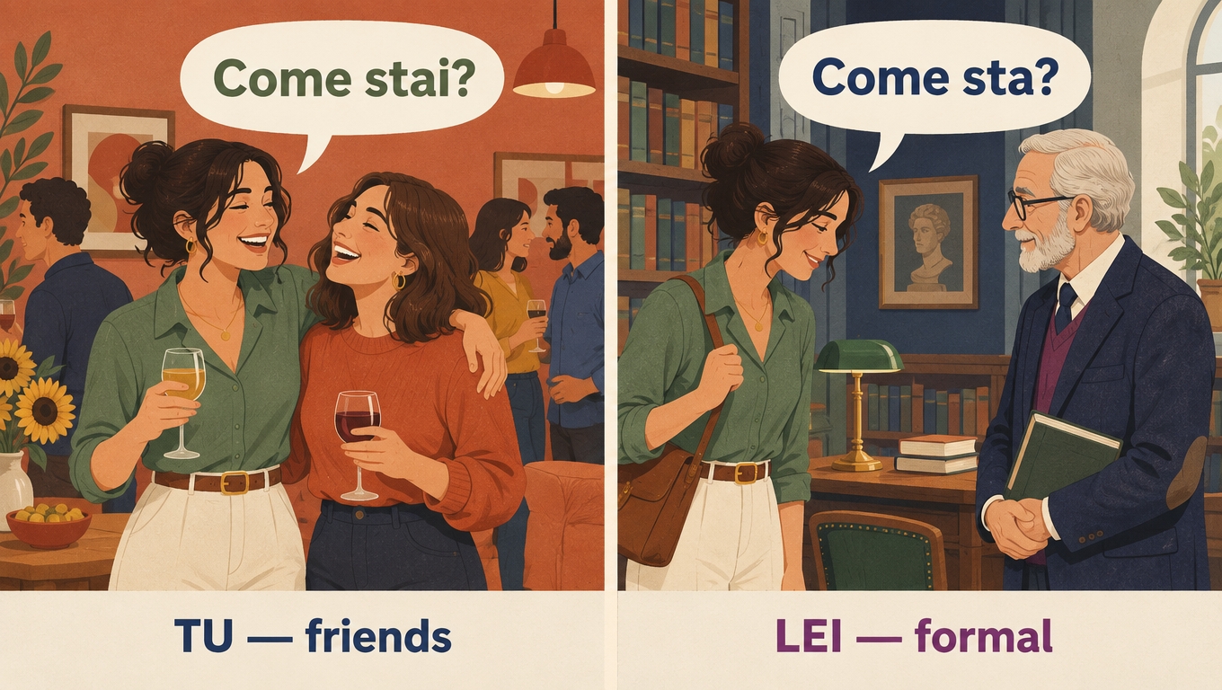 Split scene contrasting the informal Come stai? between friends at a party with the formal Come sta? addressed to an older gentleman in a study.